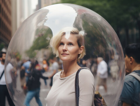 Middle-aged blonde woman inside a transparent bubble on a crowded city street. Depiction of modern isolation and filter bubble of social media. Made with generative AI