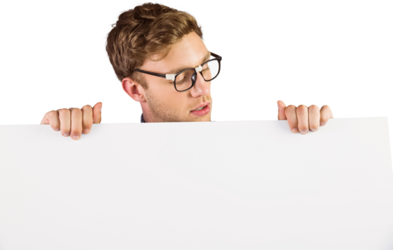 Geeky hipster showing a card
