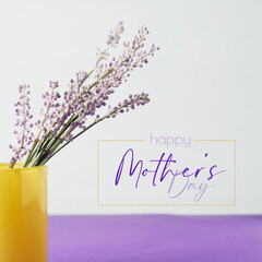 Purple flowers with Happy mothers day greeting in square for minimal holiday background.