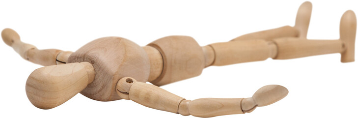 3d Wooden figurine lying on floor with arms spread