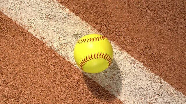 An overhead close-up shot of a softball sitting on the infield dirt baseline as the camera rotates - slow.