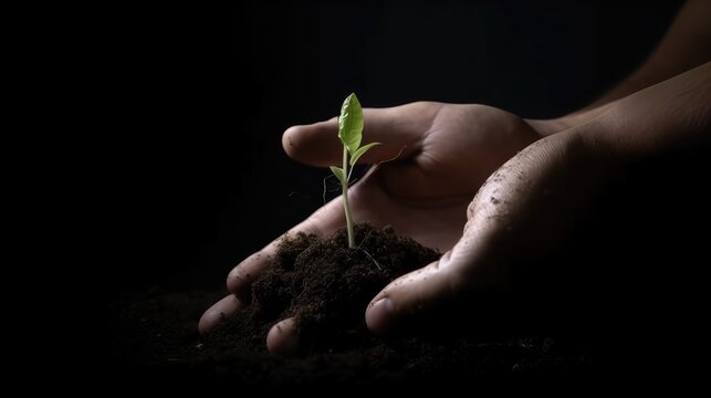 horizontal image of two hands holding a small plant, in representation of saving the environment and a Powerful Reminder of the Importance of Sustainable Living and Our Ability to Make a Difference
