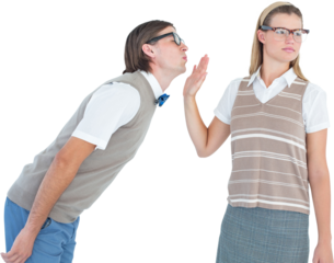 Geeky hipster making a stop sign to her boyfriend