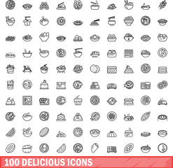 100 delicious icons set. Outline illustration of 100 delicious icons vector set isolated on white background