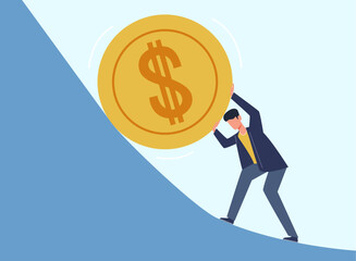 Hard start in business, businessman pushes big dollar coin up. Growth income, company savings, investment strategy. Hard way. Cartoon flat illustration. Vector financial success concept