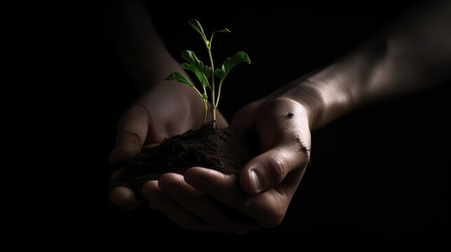 Horizontal image of two hands holding a small green stalk, representing saving the environment, and the power of Individual Action to Protect Our Planet and Its Natural Wonders