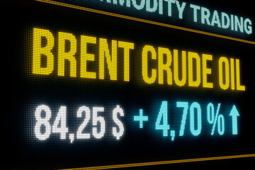 Brent Crude Oil price moving up. Stock market and exchange, commodity trading, screen with oil price information and perceantage change. Price moving up. 3D illustration