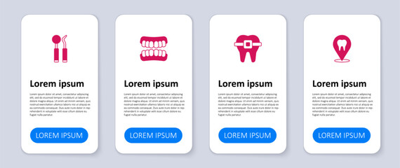 Set Dental clinic location, Teeth with braces, Dentures model and mirror and probe. Business infographic template. Vector