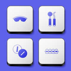 Set Safety goggle glasses, Dental mirror and probe, Toothache painkiller tablet and Teeth with braces icon. White square button. Vector