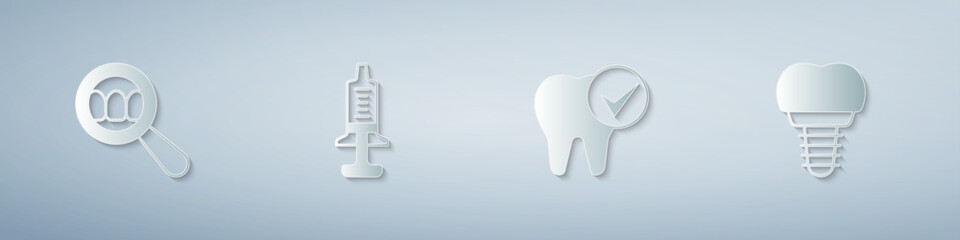 Set Dental search, Syringe, Tooth and implant. Paper art style. Vector