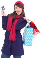 Brunette holding shopping bags and credit card