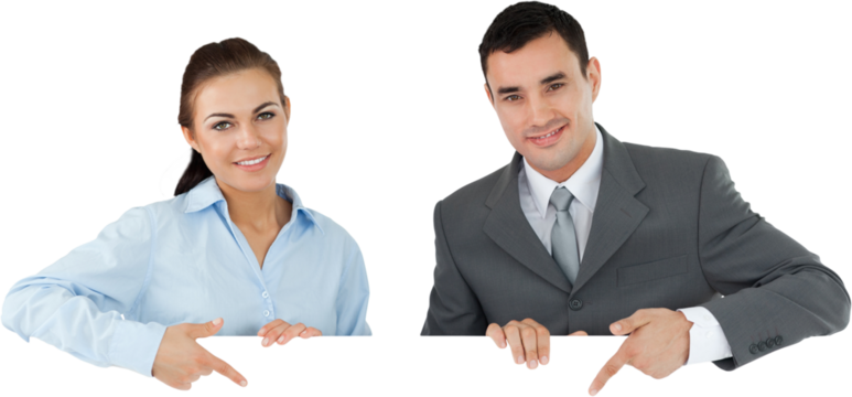 Business partners pointing at sign they are holding