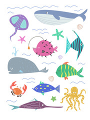 Obraz na płótnie Canvas Big set of sea animals. Lots of different fish. Sea life. Undersea world.