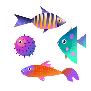 A set of beautiful colored fish. Vector.