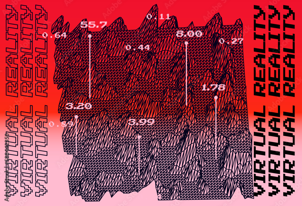 Poster 3D glitched and distorted plane made of mesh. Computer science and virtual reality subject illustration.