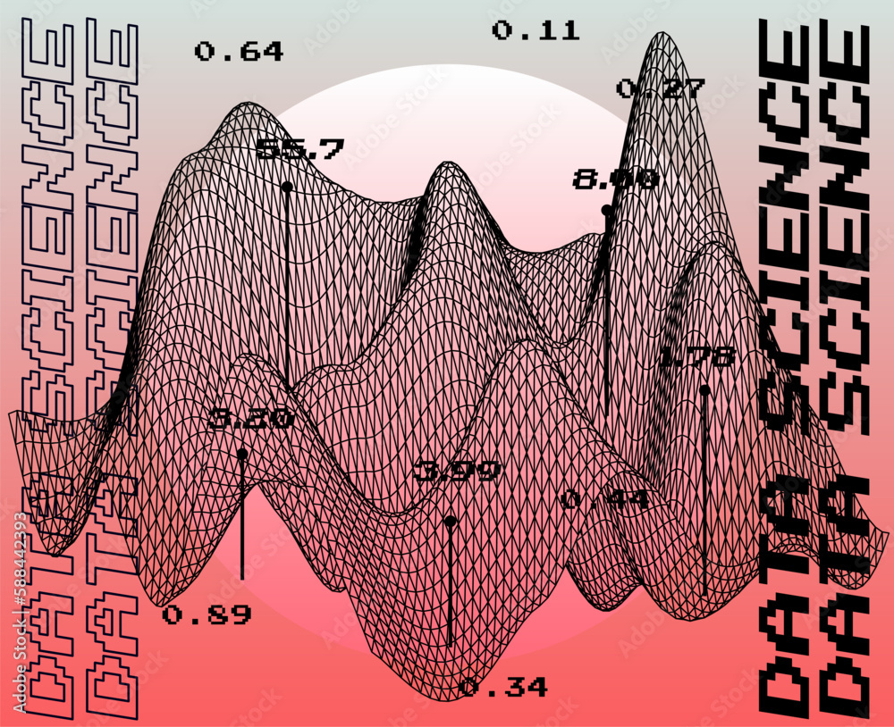 Poster Data visualization in a three-dimensional abstract geometric graph. Machine learning and AI subject illustration.