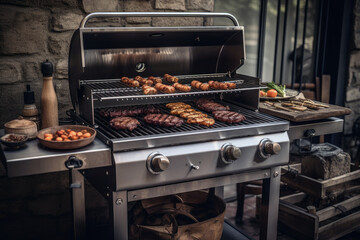 A Bbq Grill With Food Cooking. Generative AI