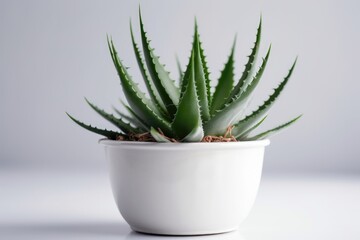 Aloe Vera In A White Pot On A White Background. Generative AI