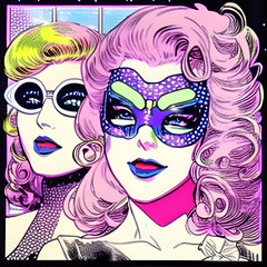 retro style high quality vecter image of 90's portrait with high nd party fashion masks and glasses