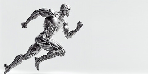 A fast running humanoid muscular robot athlete on an isolated light gray background, with free space for any inscription or text. Generative AI