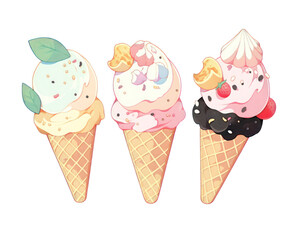 Ice cream in waffle cones. Vector illustration isolated on white background. 