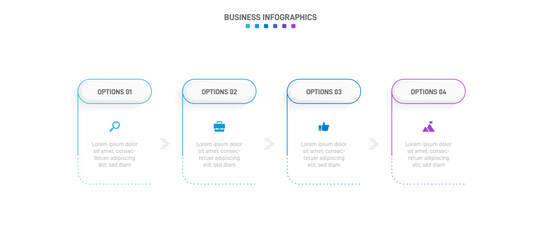 Timeline infographic with infochart. Modern presentation template with 4 spets for business process. Website template on white background for concept modern design. Horizontal layout.