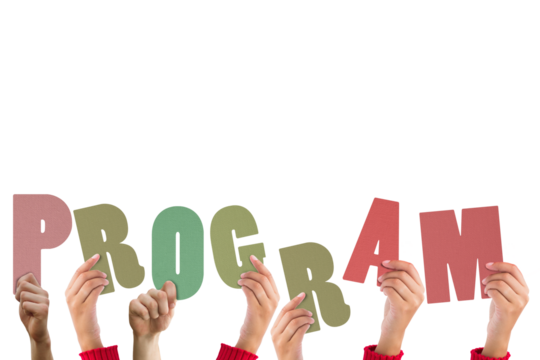 Colorful alphabet spelling program held up by people 