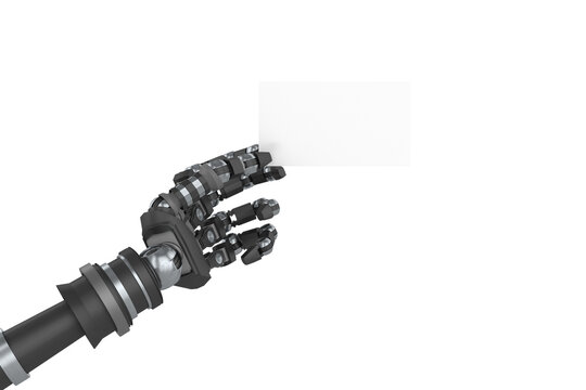 Computer generated image of robotic arm holding white placard