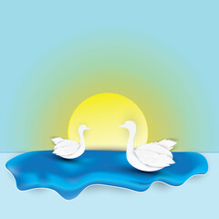 Fototapeta na wymiar White swans floats on the water at the sunrise of the day. Paper art. Vector illustration.