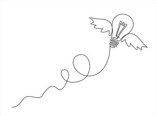 Continuous One  line drawing of light bulb with wings. Creative power concept.