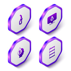 Set Isometric Gasoline pump nozzle, Oil drop with dollar symbol, and Barrel oil icon. Purple hexagon button. Vector