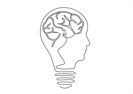 Continuous One  line drawing of light bulb, in the form of a human face with brain inside. Smart power and psychological company icon label concept.