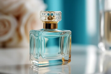 bottle of perfume on blur background, generative ai