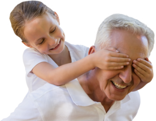 Grand child covering grandfathers eyes 