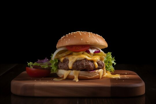 hamburger on a wooden table