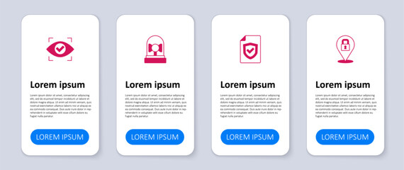 Set Lock, Contract with shield, Ringing alarm bell and Eye scan. Business infographic template. Vector