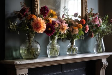 Flower Arrangements In Vases On A Mantel. Generative AI