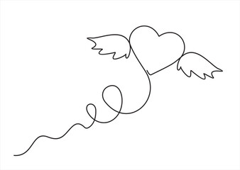 Continuous One  line drawing of heart with wings. 