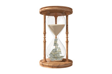 Wooden hourglass with sand and banknotes