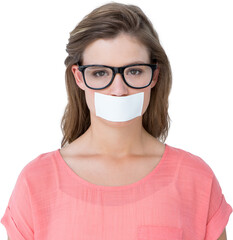 Geeky hipster with adhesive tape on mouth 