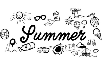 Summer text surrounded by various colorful vector icons