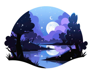 Naklejka premium Night landscape with lake, forest, moon and stars. Vector illustration.