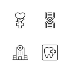 Set line Dental clinic location, Hospital building, Ethnoscience and DNA symbol icon. Vector