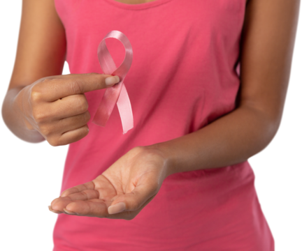 Woman holding ribbon between fingers for breast cancer awareness against white background - Powered by Adobe