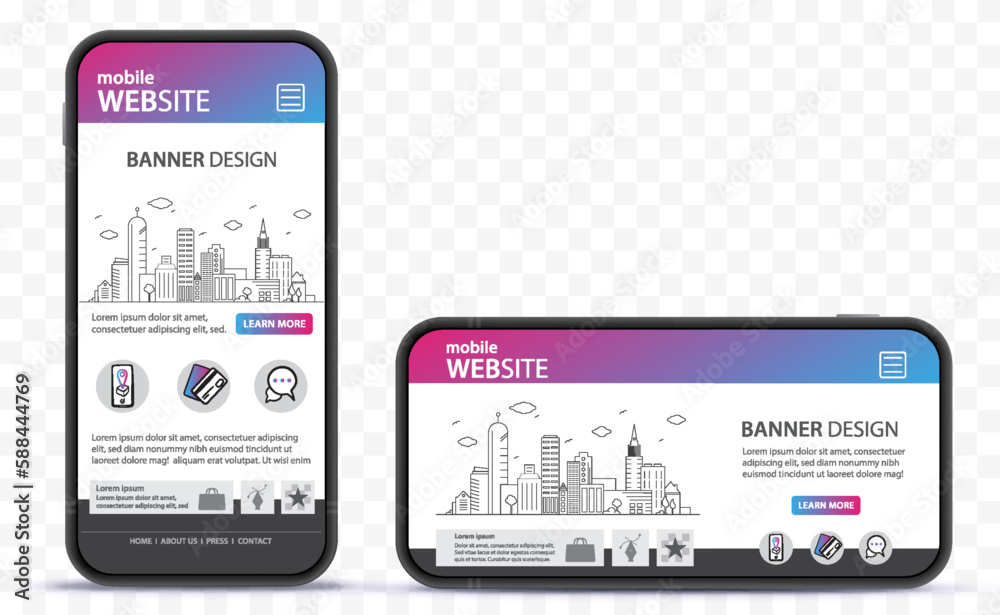 Poster mobile website design with mobile phone mockup. horizontal and vertical smartphones on transparent b