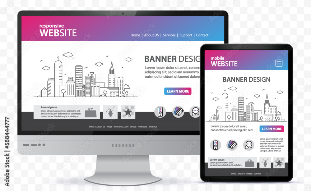 Poster responsive website design with desktop computer and tablet pc screen vector illustration. digital de