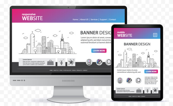 Responsive Website Design With Desktop Computer and Tablet PC Screen Vector Illustration. Digital devices on transparent background.