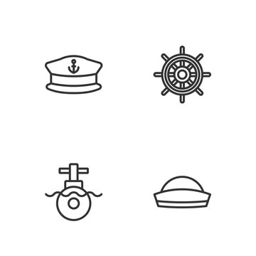 Set line Sailor hat, Submarine, Captain and Ship steering wheel icon. Vector