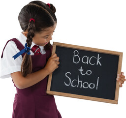 Girl holding slate with back to school text