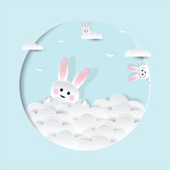 Cute rabbit hiding behind the clouds. Easter bunny with clouds. Paper art, Vector illustration. 